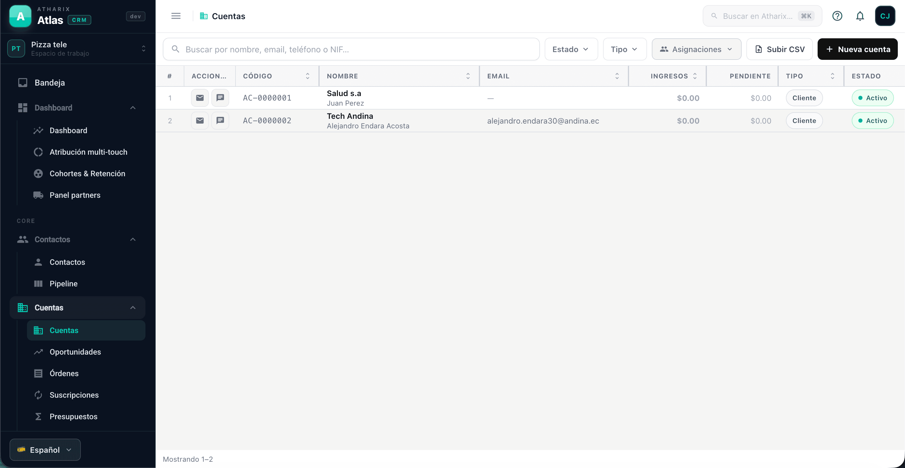 Gestión de cuentas, órdenes y suscripciones de Atlas con ingresos