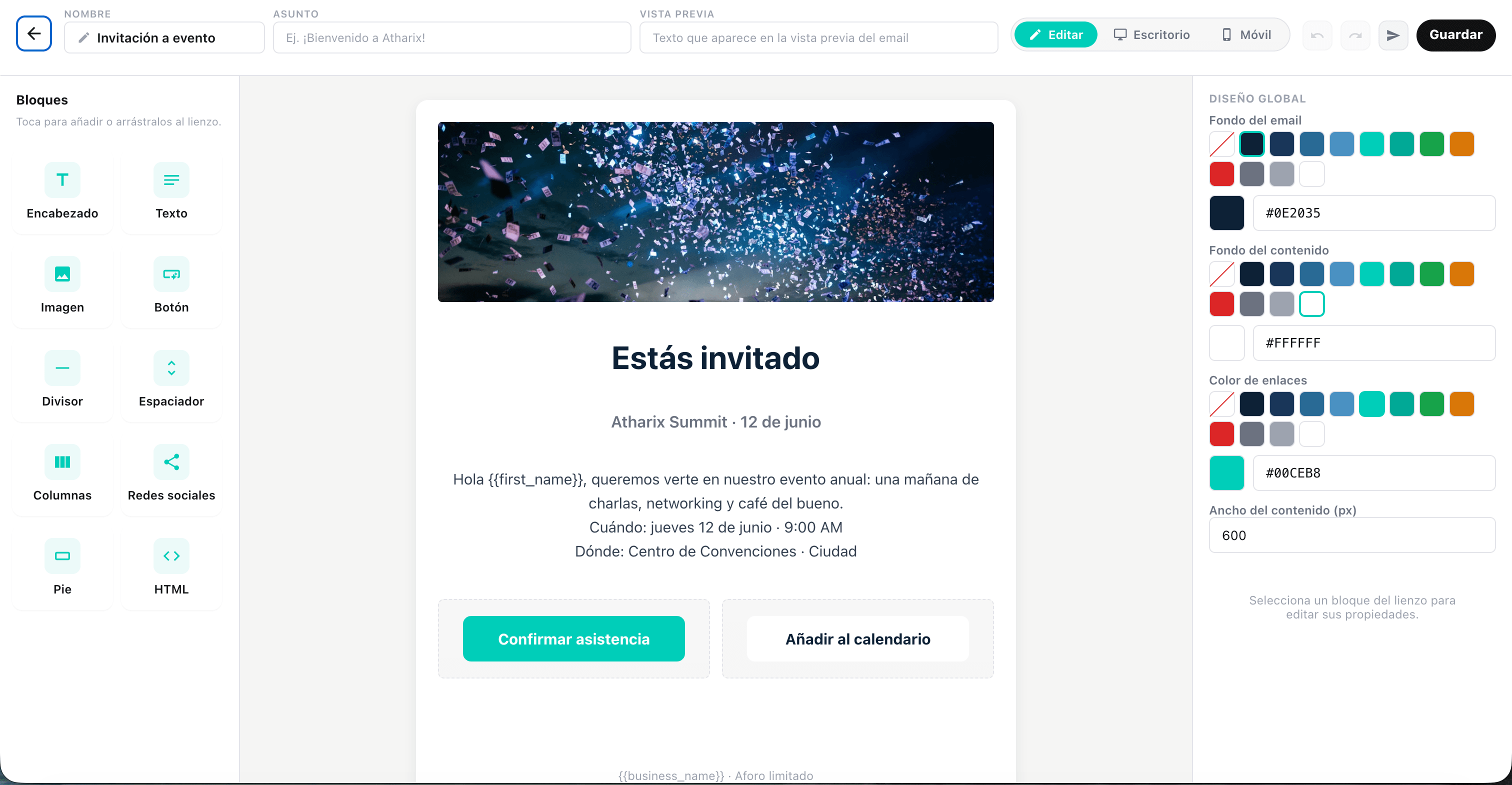 Editor visual de campañas de email de Atlas con vista previa